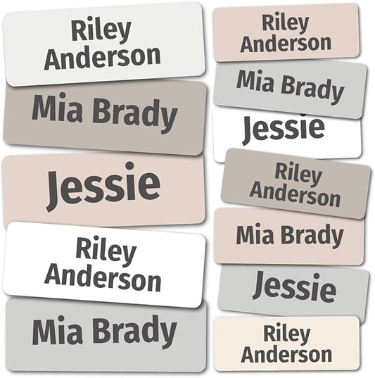 Kids Personalized Name Labels for School, Camp, Daycare (128 Labels) Custom Peel and Stick Waterproof Name Tags Stickers for Water Bottles, Lunch Boxes, Clothing, School Supplies (Neutral Colors)