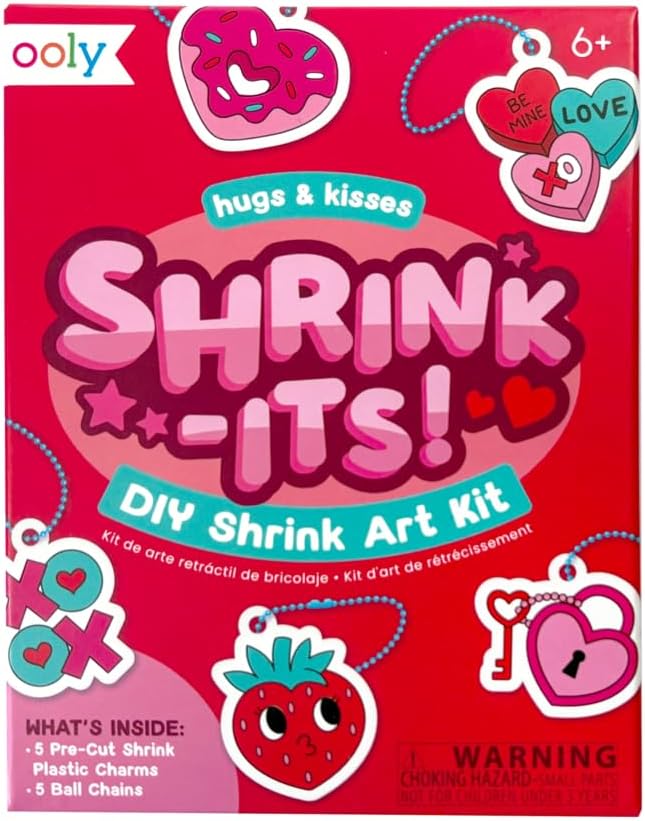 Ooly Mini Shrink-Its DIY Shrink Art Kit – 5 Pre-Cut Shrinking Plastic Charms and 5 Ball Chains, Hugs and Kisses, 10 Pc Set