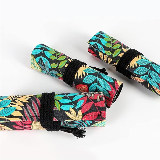 DIYOMR 12/24/36/72 Slots Pencil Wrap Pencil Rolls, Artist Colored Pencil Roll Up Bag Short Brush Pouch Case Pencils Organizer for Drawing Coloring and Sketching, No Pencils (Colorful Leaves, 12slots)