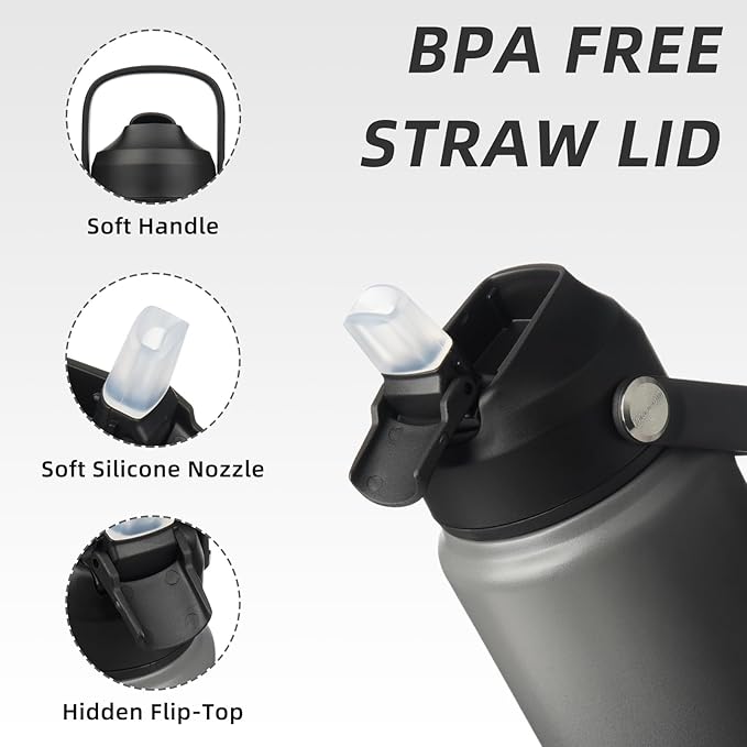 BJPKPK Water Bottle with Straw Lid, 24oz Vacuum Insulated Water Bottles, Metal Stainless Steel Thermo for Sports, Travel, BPA Free Leak Proof Thermo, Cups, Flasks, Tumblers,Black Grey