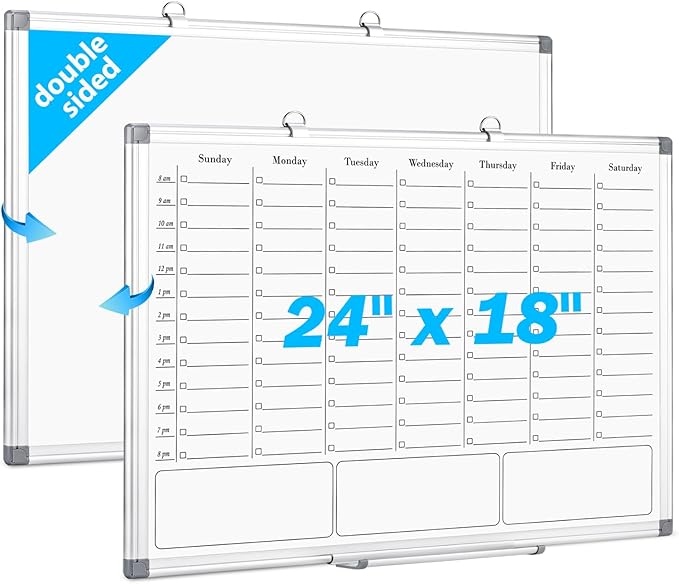 ONAVIA Weekly Calendar Dry Erase Board for Wall, Hanging 24"×18" Double-Sided Magnetic Whiteboard, Hanging White Board for Planning, Drawing, Memo, to Do List, School, Home, Kitchen, Office