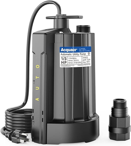 1/3 HP Automatic Submersible Water Pump, 2160 GPH Sump Pump, 115V | Thermoplastic Utility Pump with 3/4” Garden Hose Adapter for Swimming Pool Hot Tubs Flooded House Basement with 10 ft Cord