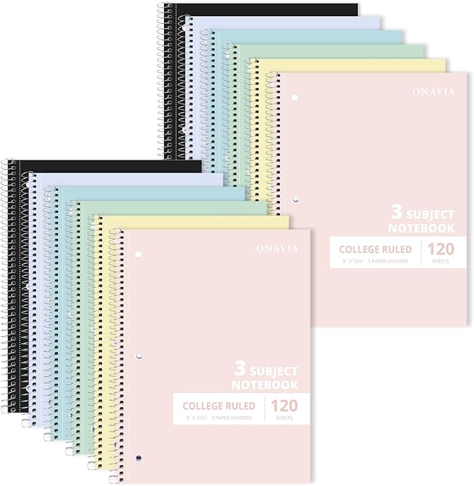 ONAVIA 3 Subject Spiral Notebook, 12 Pack, College Ruled, 8 x 10.5 in, 120 Sheets Each, Bulk Classroom Notebooks for with Dividers and Double-Sided Pockets, Taking-note, Test, Assorted Colors