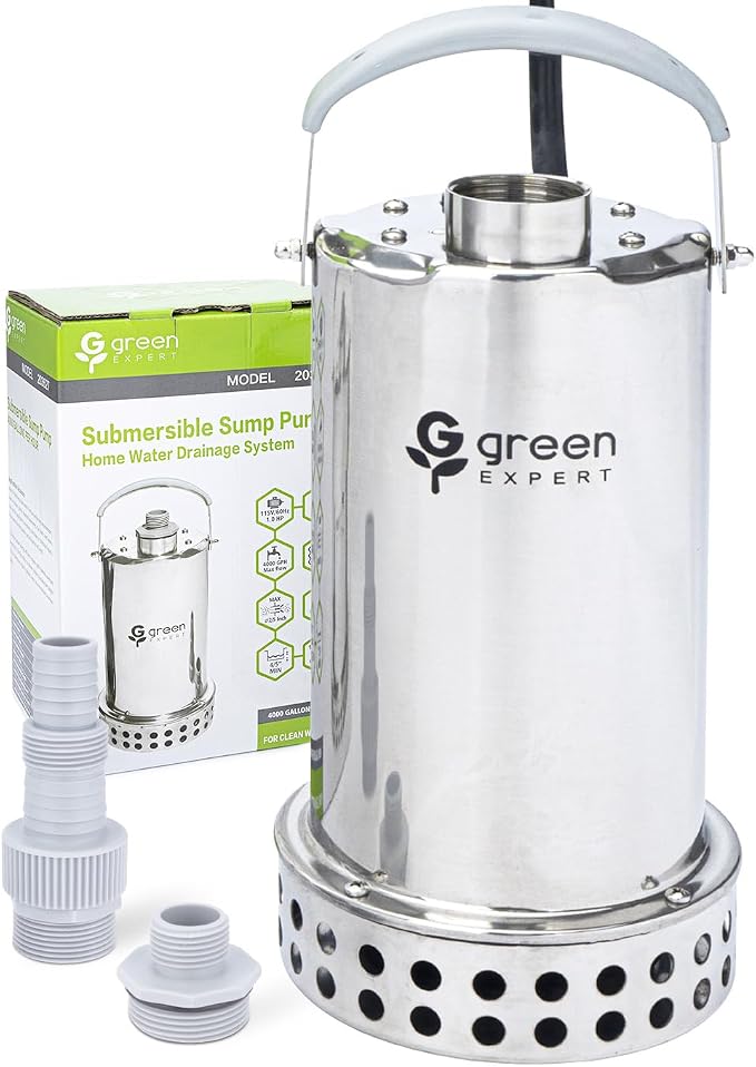 Green Expert 1HP Submersible Sump Pump, 4000GPH Full 304 Stainless Steel Manual Utility Pump with Adapter Kit, Oil-Free Top Discharge Water Removal for Basements, Pools, Hot Tubs & Drainage Pits