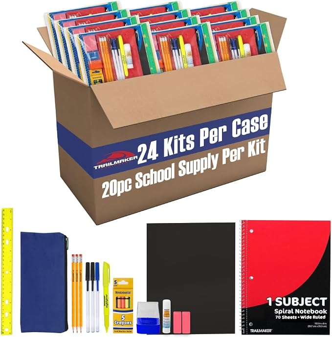 Trailmaker 24 Pack Bulk School Supply Kits | 20 Piece Back to School Supply Set for Elementary & Middle School | Notebooks, Crayons, Pencils & Essentials | For school drives, classrooms, nonprofits & student donations