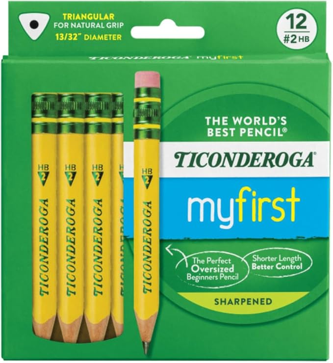Ticonderoga My First Half-Size Wooden Pencils, Large Triangle-Barrel Pre-Sharpened #2 (HB) Short 4.5" Yellow Pencils with Erasers, Yellow, 12/Pack, Case of 6 Packs