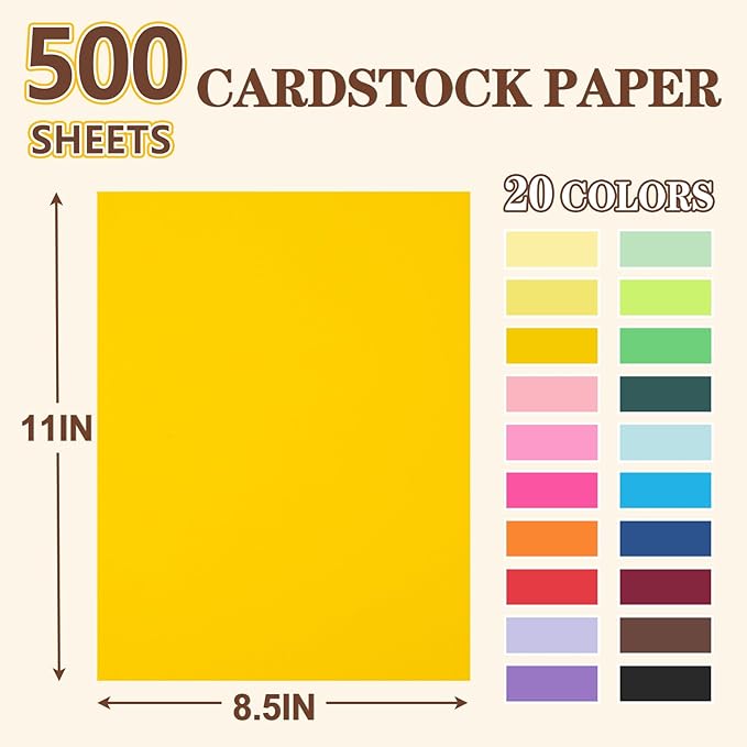 TKOOFN 500 Sheets 8.5" X 11" Colored Cardstock, 20 Assorted Colors Construction Paper Card Stock Printer Paper for Kids School Supplies, DIY Crafts, Card Making, Printing