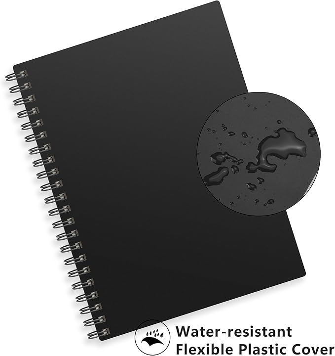 RETTACY Dotted Journal Notebook, 300 Pages, A4 Large Size (8.2'' × 11.2''), 100 GSM Thick Paper, Flexible Plastic Cover, Spiral-bound, for Journaling, Planning, Tracking (Black)