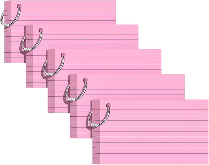 Index Cards 3x5 Inches, 250 PCS, Pink Flash Cards With Ring, Punched Lined Study Card Ruled Flashcards Notecards, Ruled Front And Blank Back, Note Card for School, College And Home