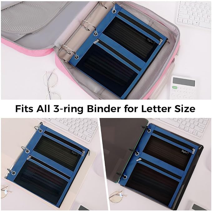 SKYDUE Pencil Pouch for 3 Ring Binder, 3 Pockets and Mesh Window | Zipper Pencil Pouch Pencil Bag with 3 Reinforced Grommets, Durable Organizer for School Supplies, Cables, Earbuds, Makeup