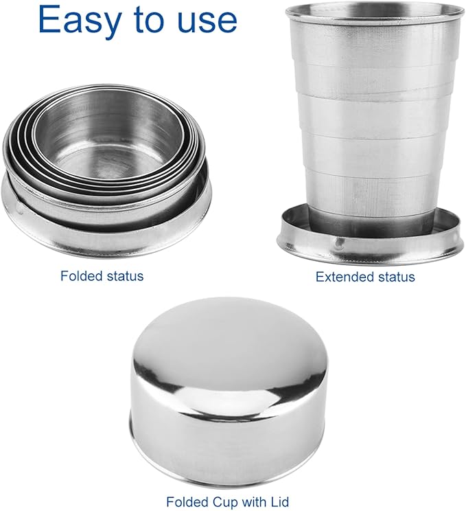 Tiiyee Stainless Steel Collapsible Cup, Folding Camping Cup Portable Shot Glass Foldable Drinking Cup Drinkware with Lid and Keychain for Outdoor Travel Picnic Fishing Hiking Cycling Water, 250ml