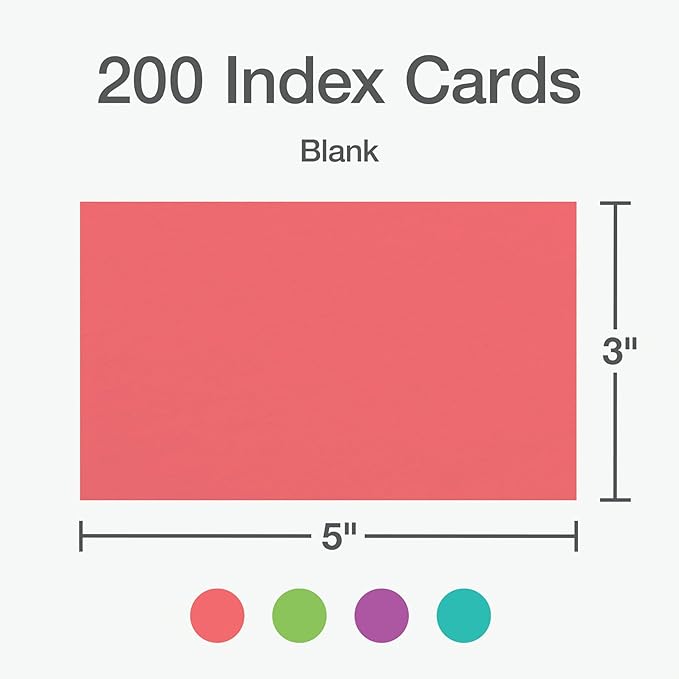 Oxford Blank Index Cards, Blank Note Cards, Flashcards for School, 4 Assorted Bright Colors: Coral, Green, Teal and Orchid, 3 Inch x 5 Inch, 200 Cards Per Pack (1017489)