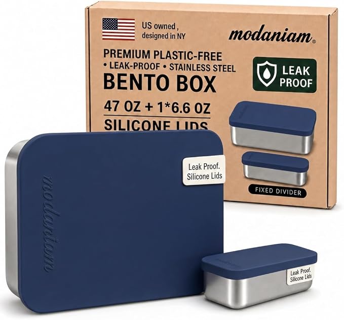 Modaniam Flexibento - Leak proof Stainless Steel Lunch Box Containers with Silicone Lids, Steel Bento Box, Metal lunch Box, Navy-47OZ-Set Of 2