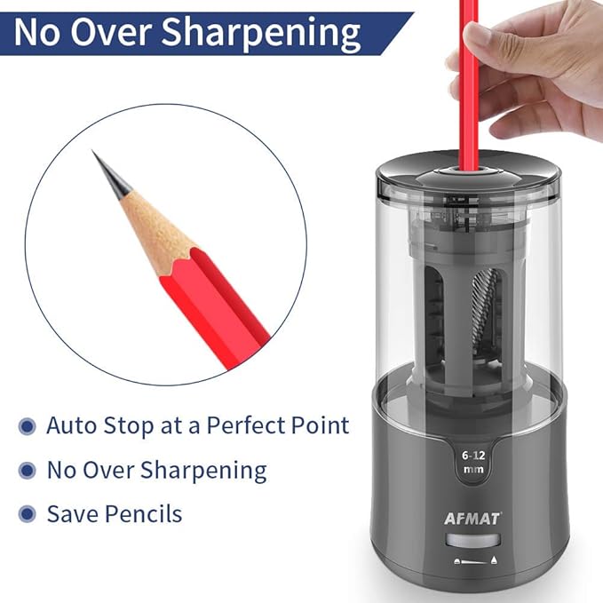 AFMAT Electric Pencil Sharpener, Heavy Duty Pencil Sharpeners for 6-12mm No.2/Colored Pencils, Auto Stop, Super Sharp & Fast, Electric Pencil Sharpener Plug in for Office, Home, PS91