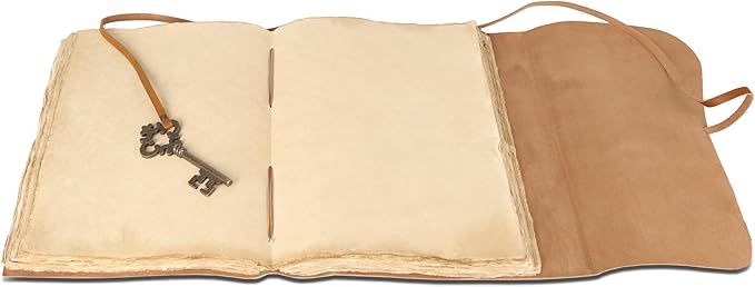 Leather Journal with Deckle Edge Paper 8x6 inch and Vintage Key | Handmade Writing Notebook Diary | Bound Daily Notepad for Men & Women Medium, Sketch/Writing pad for Artists