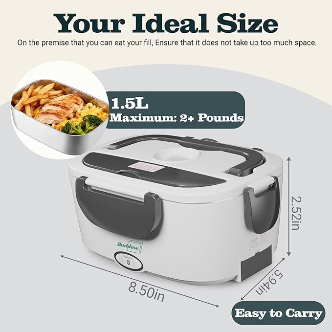 Buddew Electric Heated Lunch Box, 80W Fast Heating, 1.5L Food-Grade 304 Stainless Steel, 12V/24V/110V Portable Food Warmer for Car Truck Office Adults, Lonchera Electrica Portatil (White+Gray)