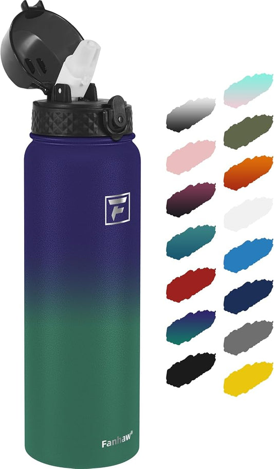 Fanhaw 40 Oz Insulated Stainless Steel Water Bottle with Straw Lid, Leakproof Extra-Large Sports Bottle for Men & Women (Purple Green)