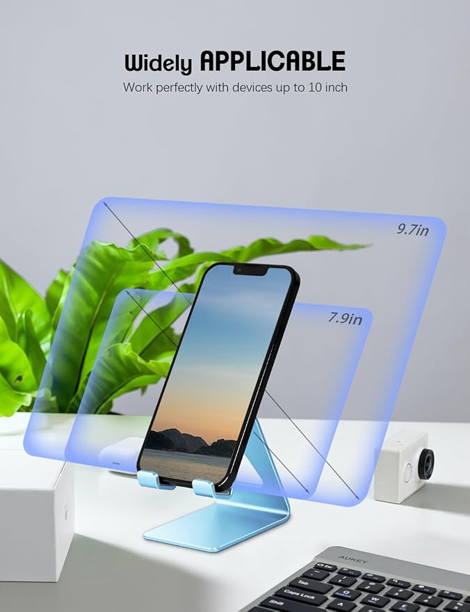 Aoviho Desk Cell Phone Stand - Aluminum Phone Holder Cradle Dock for iPhone 17 16 15 13 12 Pro Max 6s Plus SE 5 5s Samsung Galaxy S10 S9 S8 S7 Note 9 8 and All 4-10 Inch Smartphones - Sky Blue