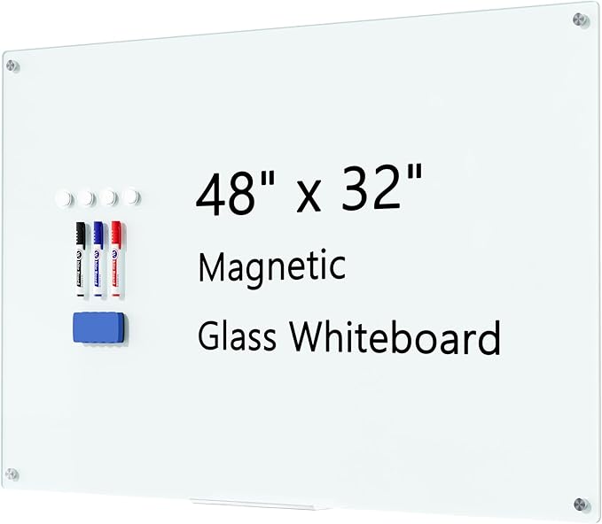 Magnetic Glass Whiteboard for Wall, 48" x 32" Large Dry Erase Board, Frameless Wall-Mounted White Board School, Classroom, Office & Home