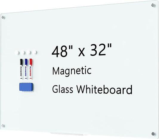 Magnetic Glass Whiteboard for Wall, 48" x 32" Large Dry Erase Board, Frameless Wall-Mounted White Board School, Classroom, Office & Home
