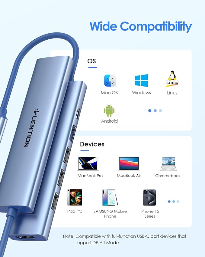 LENTION USB C Hub Multiport Adapter with 100W PD Charging, 4K HDMI, 4 USB-A Data Ports, Type C Hub for 2016-2026 MacBook Pro/Air/Neo, Surface, Chromebook, USB Splitter for iPhone 15-17(CH17, Blue)