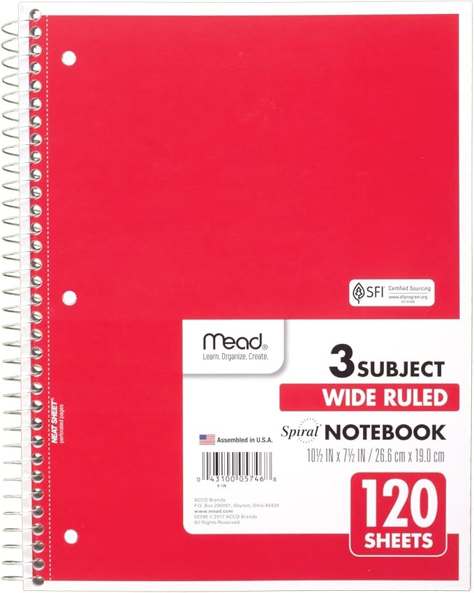 Mead Spiral Notebook, 3 Subject, Wide Ruled Paper, 120 Sheets, 10-1/2" x 8", Color Selected For You, 1 Count (05746) (Pack of 2)