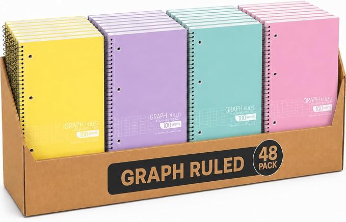 Graph Paper Spiral Notebook - Graph Paper Notebook, Quad Ruled Grid Notebooks, Perforated Pages - 10.5 X 8 Inches - 1 Subject Wirebound Notebook - Assorted Colors - 100 Sheets per Book - (Bulk - 48 Pack)