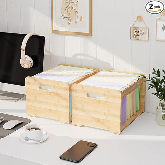 2 Pack Bamboo Hanging File Organizer, Office Desk File Organizer for Letter Size, Wood Hanging File Folders Organizer Record Holder Storage Stand Bookshelf Easy Assembly for Home, Natural