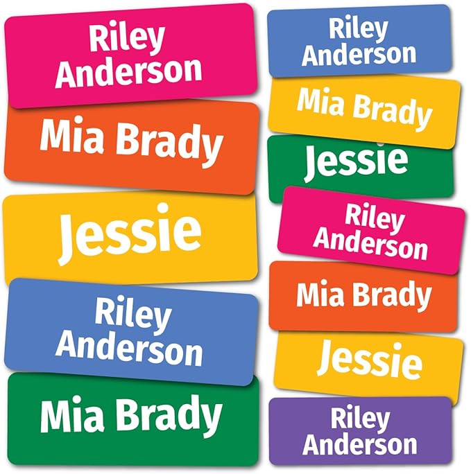 Kids Personalized Name Labels for School, Camp, Daycare (128 Labels) Custom Peel and Stick Waterproof Name Tags Stickers for Water Bottles, Lunch Boxes, Clothing, School Supplies (Hot Colors)