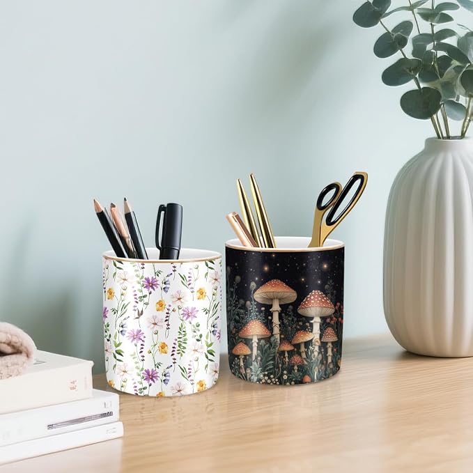 Large Capacity FLoral Pen Holder for Desk, Ceramic Pencil Holder Pen Cup Marker Holder Makeup Brush Holder, Desk Accessories & Workspace Organizers for Home, Office, Colored