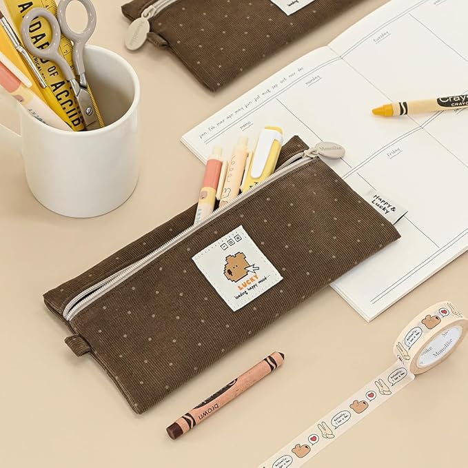 Monolike Happy and Lucky Candy Dot pen case, Brown - Slim Corduroy Style Cotton Pen Pouch, Cute Aesthetic Pastel Stationery Organizer for Office