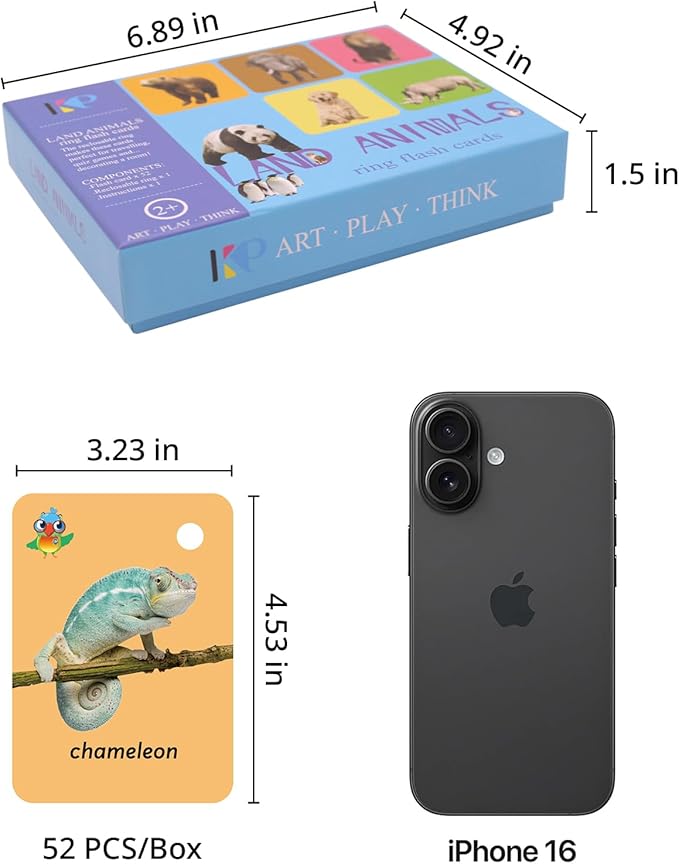 52 Pcs Toddler Land Animals Flash Cards Gift for Kids Wild Forest Animals Flash Cards Sight Words with Pictures Preschool Flash Cards with Ring (Land Animals)