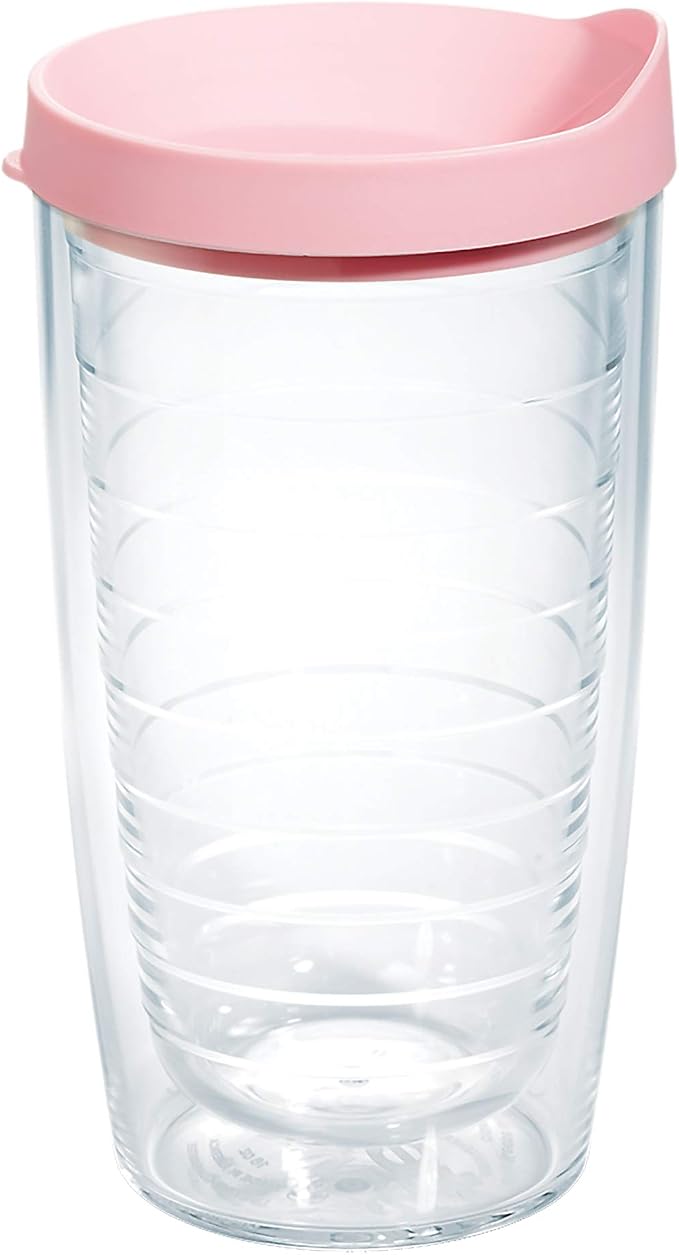 Tervis Clear & Colorful Lidded Made in USA Double Walled Insulated Tumbler Travel Cup Keeps Drinks Cold & Hot, 16oz, Pink Lid