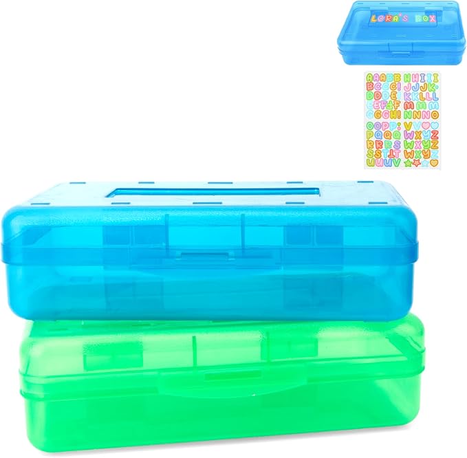 Green Large Plastic Pencil Organizer - Crayon Box, Hard Case, Blue 2 Pack