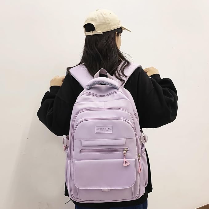 PRLINJSK Girls Backpack for College High Middle School Student, Cute Aesthetic Bookbag for Teens Women with Accessories，Purple