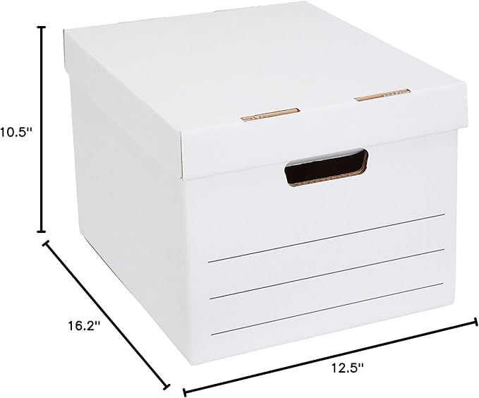 Amazon Basics Medium Duty Storage/Filing Boxes with Lid and Handles, Legal/Letter Size, Collapsible, Foldable, Tape-Free Assembly, 16.2" L x 12.5" W x 10.5" H, White, 12-Pack