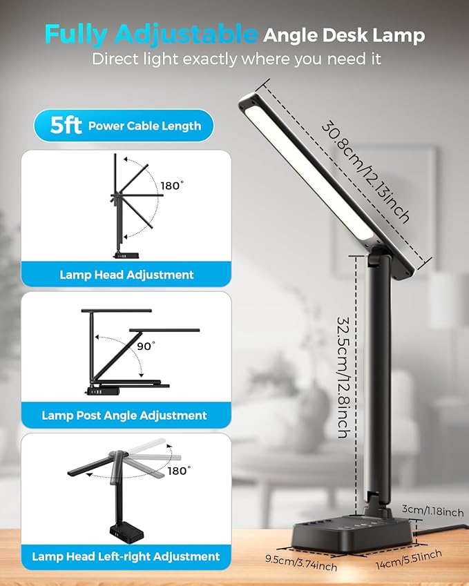 LED Desk Lamp with Power Strip, 3 AC Outlets & 4 USB Ports (2 USB-C), Stepless Dimming & 2800K-6500K Eye-Caring Desk Light, Foldable Table Lamp with 5FT Cord for Home Office, Dorm Room Essentials
