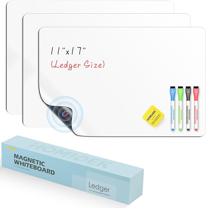 HOMiDEK Magnetic Whiteboard for Fridge, 3 Pack Small Magnetic Dry Erase Boards with 4 Markers & 1 Eraser, Reusable Blank Magnet White Board Sheets for Home, Kitchen, Office, Classroom - 11 x 17