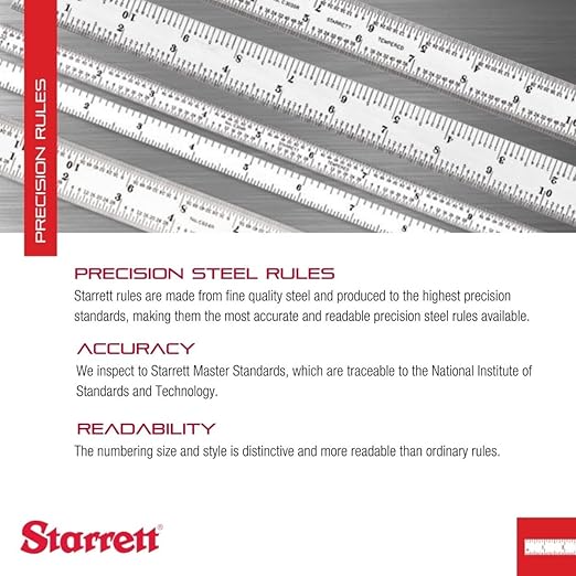 Starrett Spring Tempered Steel Rule with Satin Chrome Finish, Quick Reading, and Inch Graduation - 24" Length, 4R Graduation Type, 3/64" Thickness - C604R-24