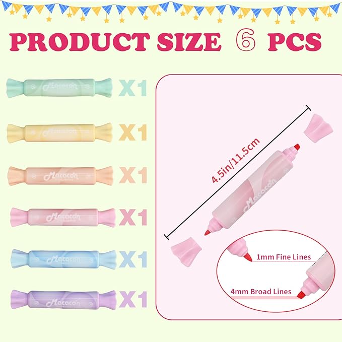 6 Pack Cute Candy Shaped Highlighters, Dual Tip Pastel Highlighter, Assorted Colors Marker Pen for Journals Planners Books Notes, Quick Dry, Write Smoothly, Macaron Colors