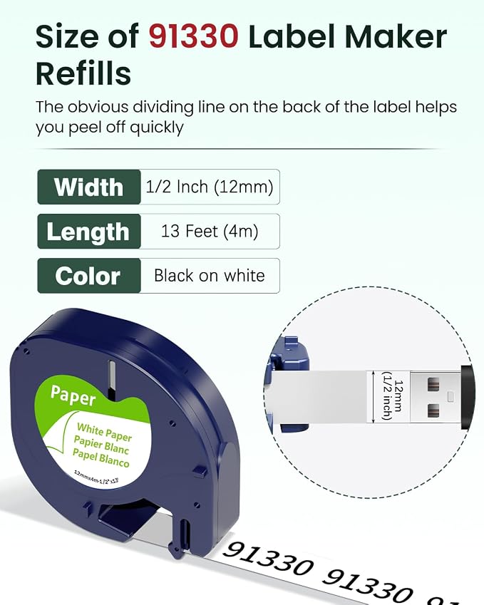 6-Pack 91330 Compatible with Dymo LetraTag Label Tape Refills | 12mm x 4m (1/2" x 13') White Paper, Compatible with Dymo Label Maker LT-100H, LT-100T, Easy-Peel, Strong Adhesive