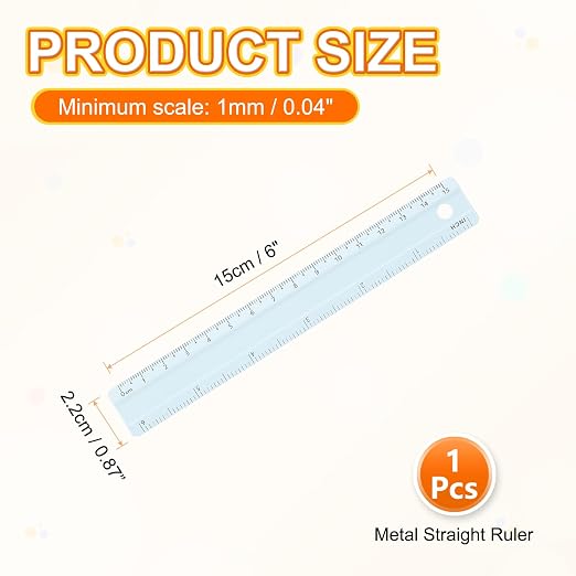 HARFINGTON Metal Straight Ruler 6 Inch(15cm) Metric Aluminum Alloy Measuring Rulers Scale Tool with Hole for Measure Study Reading Classroom Office, Light Blue