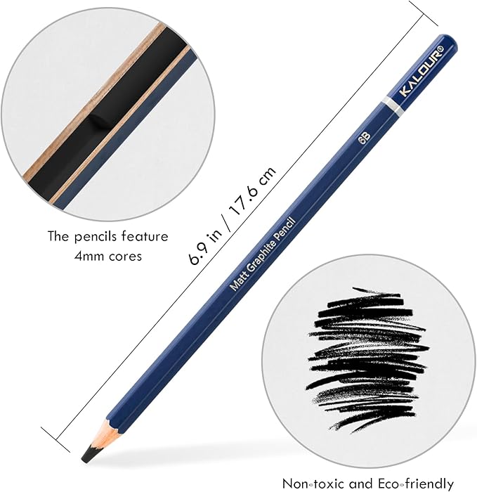 KALOUR PDAS Professional Drawing Pencils for Sketching - 6 pcs Matte Graphite Art Pencil Set (HB to 12B) for Shading, Beginners & Pro Artists