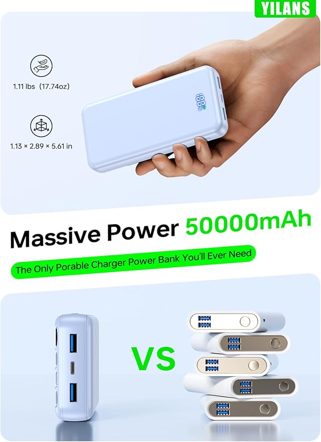 Portable Charger,50000mAh Power Bank Built-in Cable, 22.5W PD USB C In & Out Fast Charging, External Battery Pack with 6 Output & 2 Input, Travel Camping Essential for iPhone 17/16/15/14/13/12(Blue)