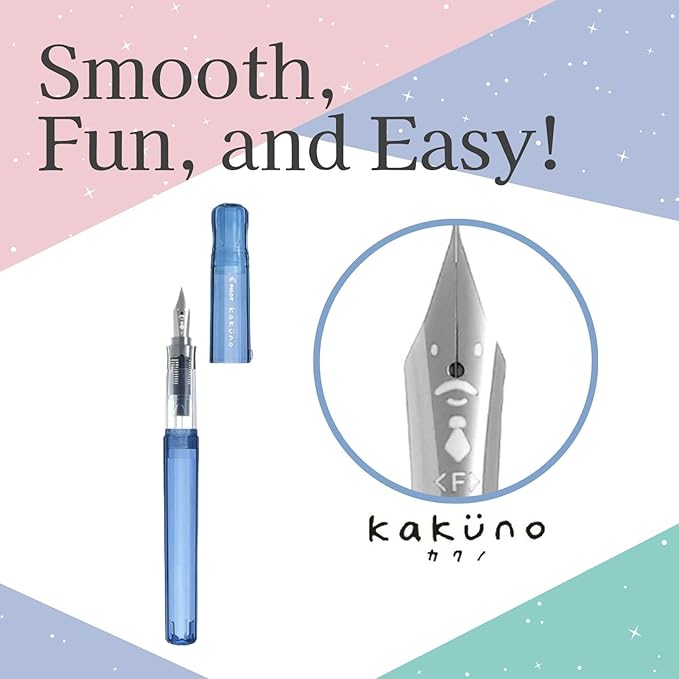 Fountain Pen Set CON-40 Converter & Kakuno Fine Nib with Black Ink Cartridge & Sticky Notes – Refillable Ink System, For Beginners, Calligraphy (Blue FKA-1SR-KPL-F)