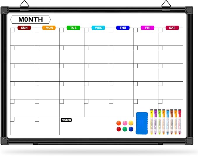 Calendar Whiteboard for Wall 24" x 18", Monthly White Board Calendar Dry Erase with Black Aluminum Frame, Dry Erase Board for Office Home and School