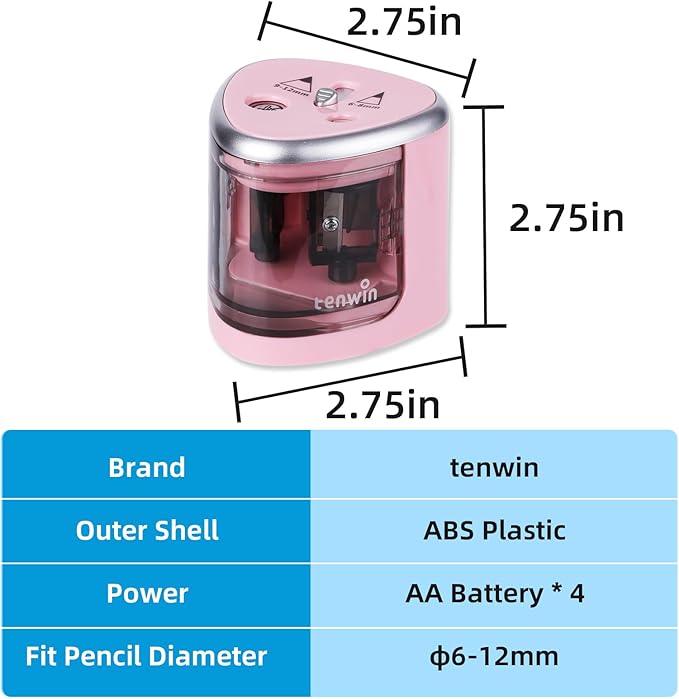 tenwin Electric Pencil Sharpener for Colored Pencils, Battery Operated Pencil Sharpeners for No.2 and 6-12mm Pencils, Dual Hole for Office School Artists Adults Kids Use（Pink）