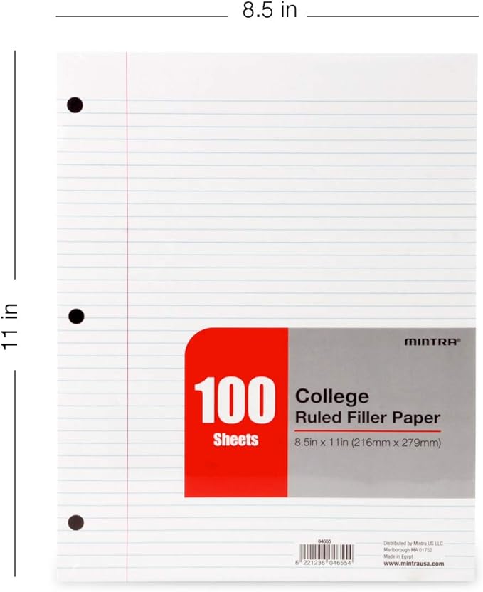 Mintra Office Filler Paper (College Ruled, 2400 Sheets (4-6pks)) - for 3-Ring Binder, Notepaper, Loose leaf lined paper, 3 Hole punched, bulk pack