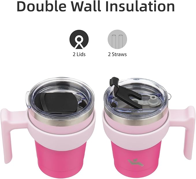 Konokyo 10 oz Tumbler with Handle and 2 Straw 2 Lid, Insulated Water Bottle Stainless Steel Vacuum Cup Reusable Travel Mug, Cherry