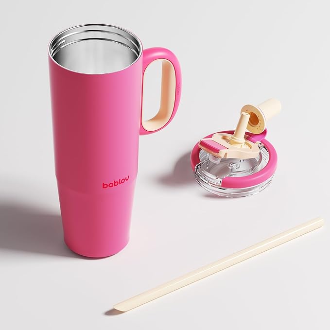 BABLOV 40 oz Ceramic Lined Tumbler with Straw - 316L Stainless Steel Insulated Coffee Tumbler with Lids Handle for Cold Hot Beverages at Home Office or on the Go Travel Coffee Mugs, Rose Pink